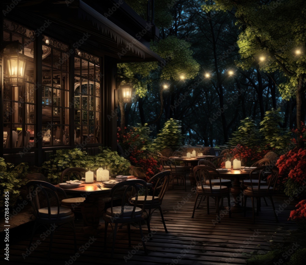 an outdoor restaurant set against a wooden floor in front of some lighting and plants