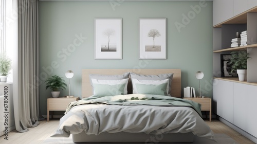 Cozy scandinavian bedroom interior in natural colors with wooden furniture  stylish interior accessories and natural cotton textile  houseplants in pots  posters in rectangular frame on a green wall