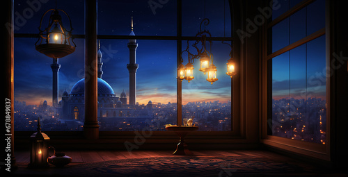 a lantern lighting up the night sky in the mosque, in the style of photorealistic cityscapes, colorful fantasy, interior scenes