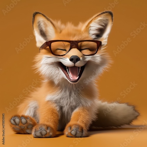 Funny fox with eyeglasses, isolated on orange background.