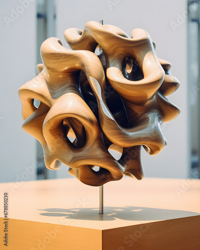 Elegant Wooden Gyroid Design Sculpture. Generative ai. photo