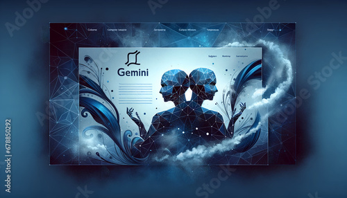 The image representing the zodiac sign Gemini (Близнецы) in the modern website background style is now available. This design captures the dual nature of Gemini in a futuristic and technological aesth photo