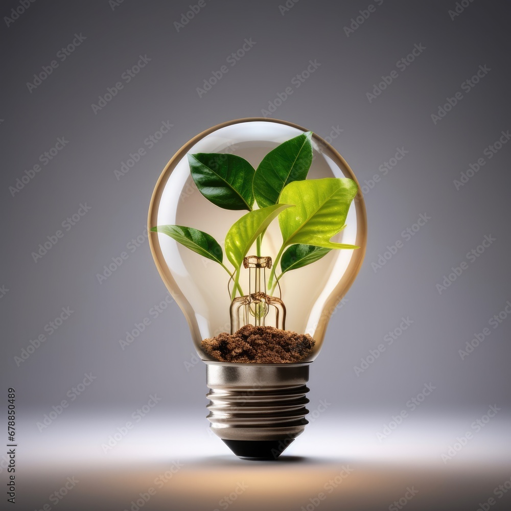 Lightbulb with green plant inside on grey background. Ecology concept Lightbulb with green plant inside on grey background. Ecology concept