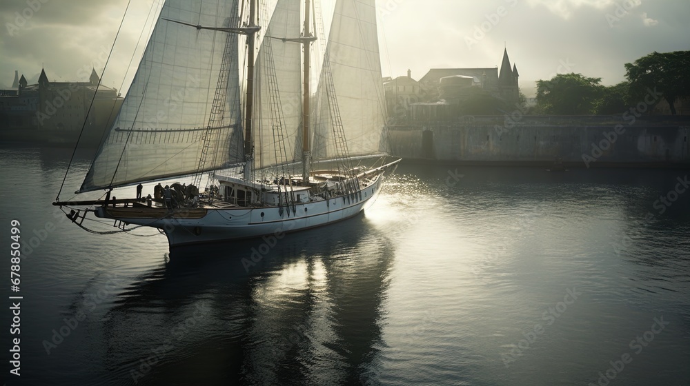 Obraz premium Sailboat on the water. Great for stories of maritime adventure, the ocean, sailing, cruising, leisure, luxury and more. 