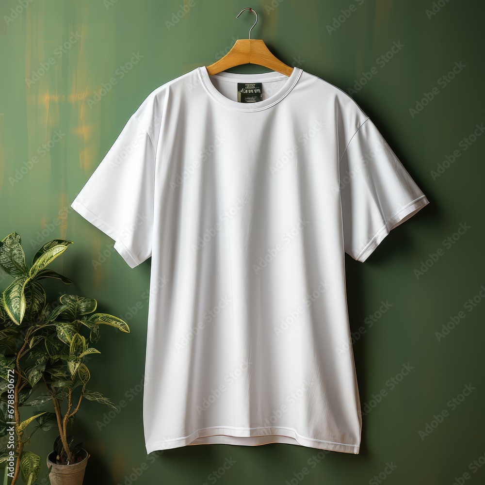 White t-shirt mockup hanging on green wall White t-shirt mockup hanging on green wall