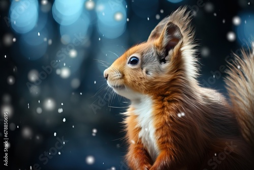 A red squirrel profiled against a snowy backdrop, with snowflakes gently falling around it