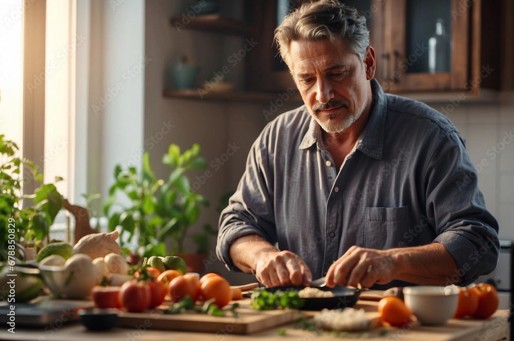 a middle age man at home preparing a meal at the morning a middle age man at home preparing a meal at the morning
