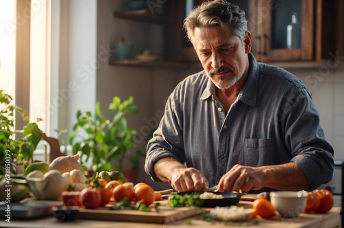 a middle age man at home preparing a meal at the morning