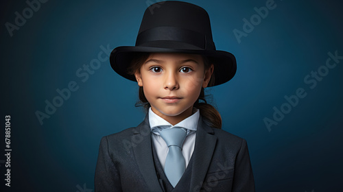 A young boy in formal attire, with a shirt, tie, suspenders, and hat, stands seriously