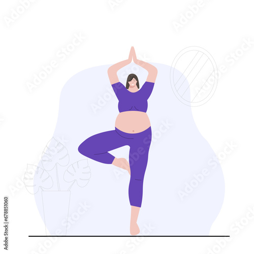 A pregnant girl stands in a vrikshasana position. Vector illustration