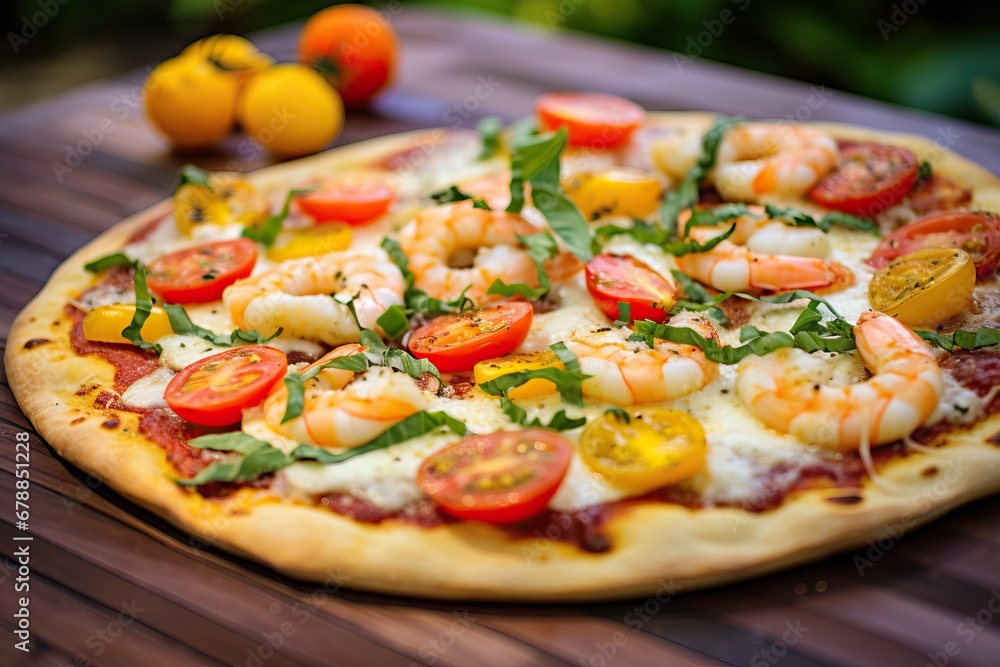 Shrimp Scampi Pizza: Thin crust, garlic butter sauce, a mix of white cheeses, sauteed shrimp, cherry tomatoes, and a sprinkle of chopped fresh basil