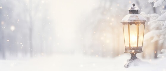 Warm light of a lantern shining softly amidst a snowy winter wonderland