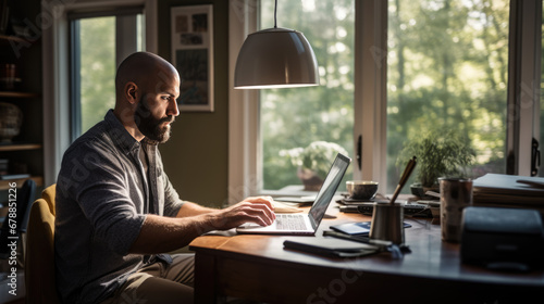 Focused man with a beard and glasses is working on a laptop in a well-lit home office photo
