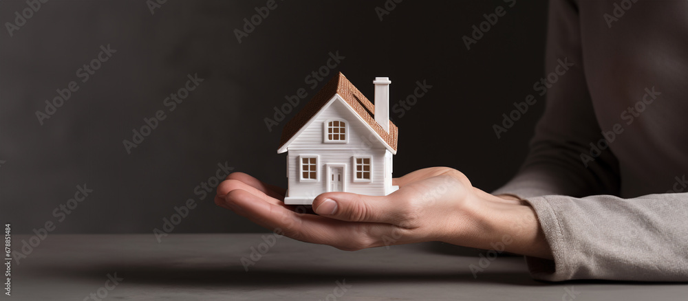 White small house held in hand on a black background. Loans for an apartment, loans for building a house. Selling a house or apartment White small house held in hand on a black background. Loans for an apartment, loans for building a house. Selling a house or apartment