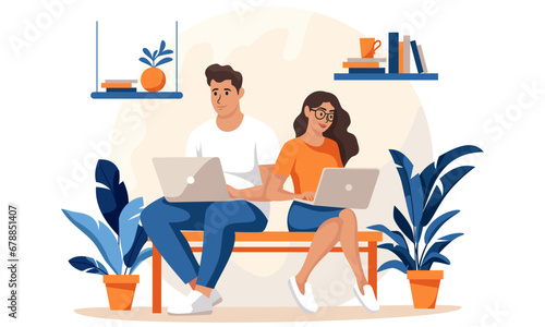 Flat vector illustration. Young people girl and guy working with laptops at home. . Vector illustration