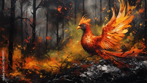 Fire pheasant is jumping in the forest with beautiful idols Ai generated image photo