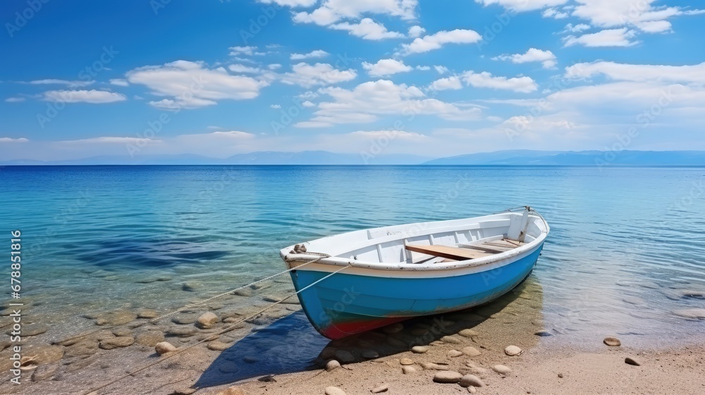 Natural landscape for summer vacation. White Boat in turquoise ocean water with blue sky white clouds.