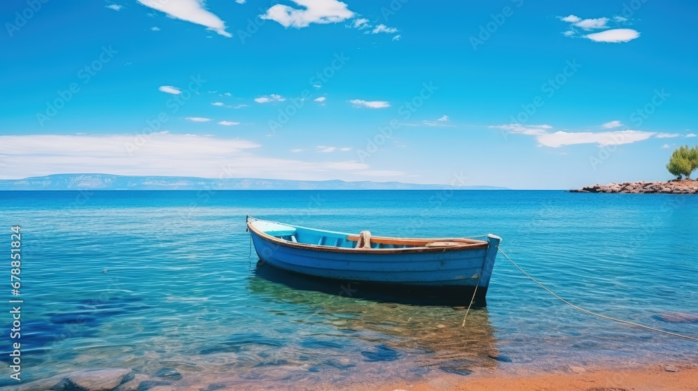 Natural landscape for summer vacation. White Boat in turquoise ocean water with blue sky white clouds.