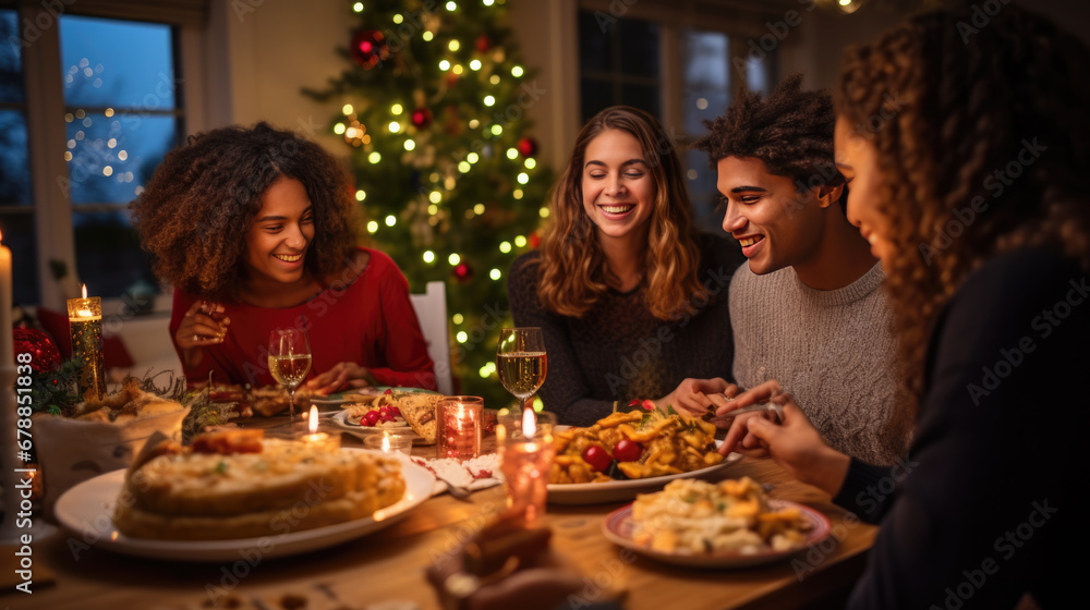 Group of friends enjoying a lively Christmas dinner party, filled with laughter and good cheer, in a warmly lit room decorated for the holiday season.