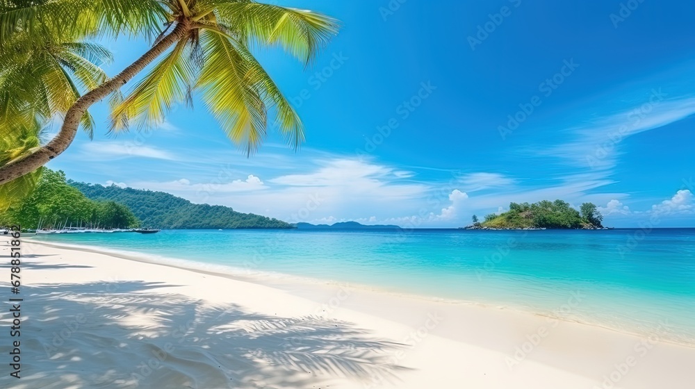 Tropical landscape with beautiful palm trees, White sand beach on island panorama