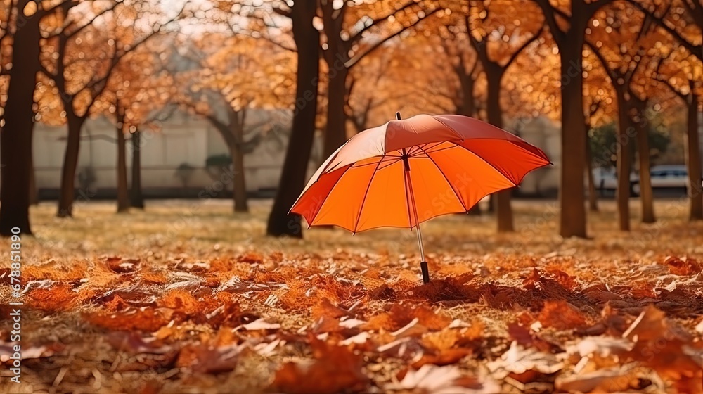 Concept of Golden autumn. Carpet of fallen orange autumn leaves in park and blue umbrella autumn background landscape.