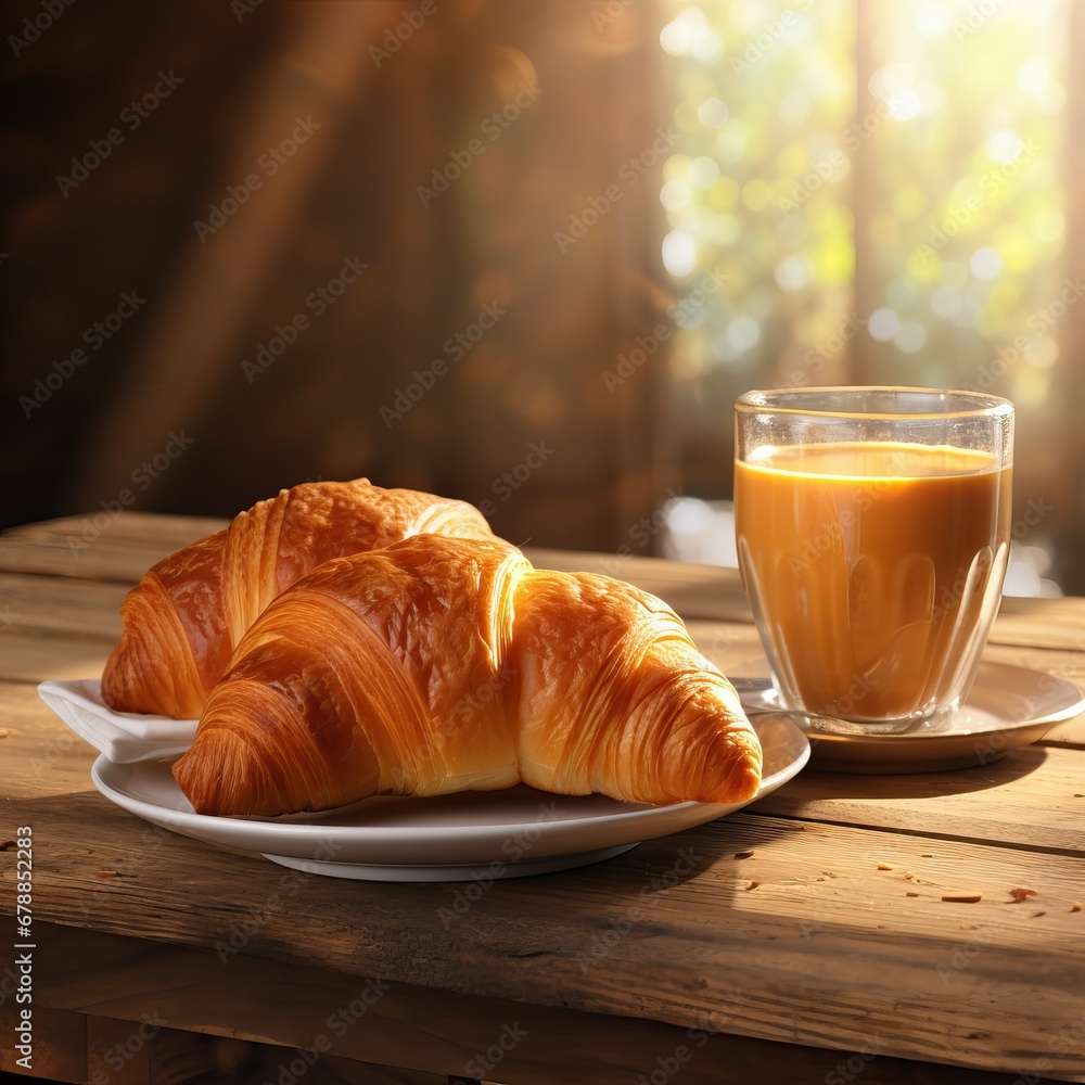 Tasty crispy croissant on a wooden table with a cup of coffee. Generative AI. Tasty crispy croissant on a wooden table with a cup of coffee. Generative AI.