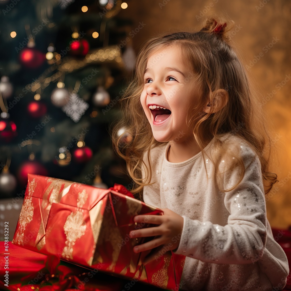 Little smiling girl with a Christmas present in her hands. Christmas tree in the background. Generative AI. Little smiling girl with a Christmas present in her hands. Christmas tree in the background. Generative AI.
