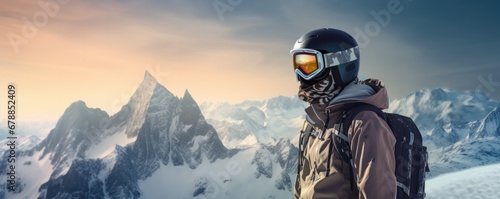 A young man with a helmet and ski goggles, snowy mountains in the background. Generative AI. photo