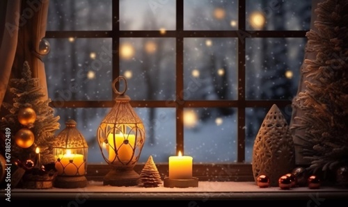 New Year atmosphere (mood) near the window with candles and lights. Christmas toys, festive background, AI generator