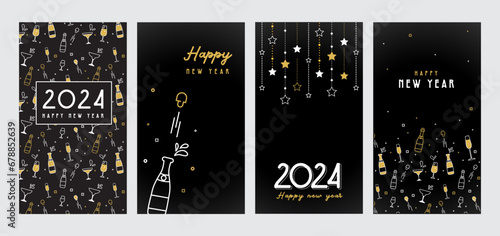 Happy New Year- 2024 . Collection of greeting background designs, New Year, social media promotional content. Vector illustration. 2024 celebration