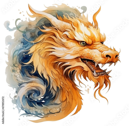 Watercolor golden dragon. Generative AI  png