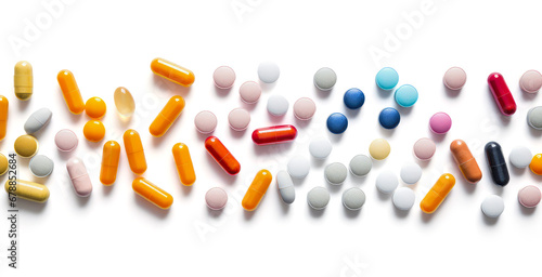 pills and capsules on white background, top view photo
