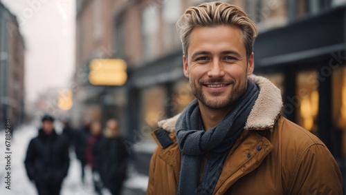 happy nordic blonde business man in a city in winter day