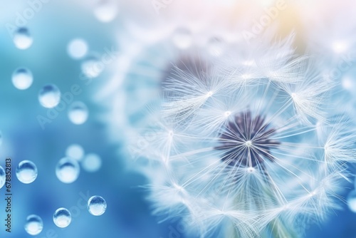close up macro photo Beautiful dew drops on a dandelion seed. Beautiful blue background.