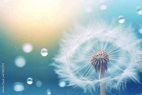 close up macro photo Beautiful dew drops on a dandelion seed. Beautiful blue background.