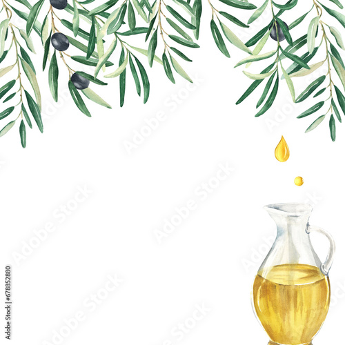 Olive tree square frame, border. Olive branches and black fruits, oil in glass jug and drops. Hand drawn watercolor illustration isolated on a white background. For menu, product and italian, greek