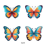 Set of vector butterflies in pastel vivid colors blue and orange. A colorful clipart collection of butterfly illustrations