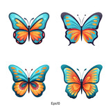 Vector illustrations of butterfly in a pastel light blue and orange color palette. A vibrant clipart collection of colorful butterflies.