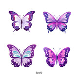 Vector clipart collection featuring butterflies in pastel and bright shades of purple. A diverse set of colorful butterflies.