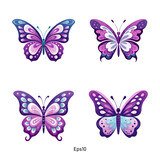 Collection of vector butterflies in pastel and bright purple hues. A colorful violet color set of butterfly clipart.