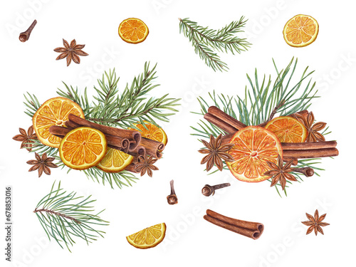 Dry orange slice, cinnamons sticks, star anise and spruce branch. Citrus, evergreen, spice, badian. Watercolor illustration. Winter composition for the design of cards, package