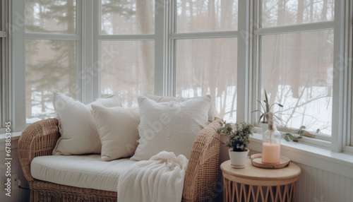 Winter cozy nook with pillows and a view of snowy landscape © Anna
