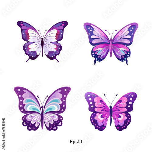 Vector clipart collection featuring butterflies in pastel and bright shades of purple. A diverse set of colorful butterflies.