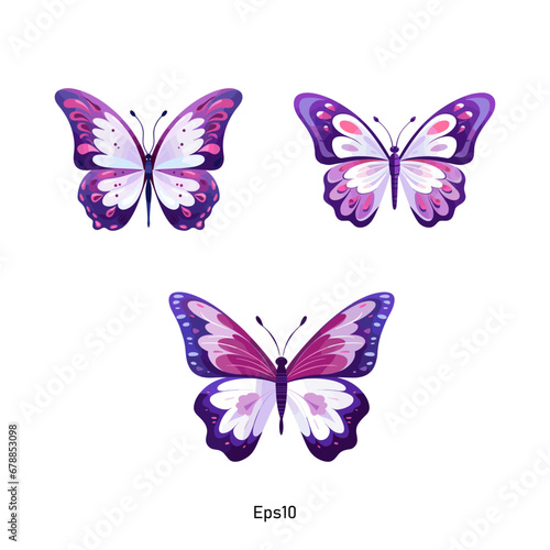 Collection of vector butterflies in pastel and bright purple hues. A colorful violet color set of butterfly clipart.
