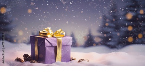 closeup purple gift box and Christmas tree in winter snow fall night decorated with ribbon, Xmas and new year bokeh light background wallpaper with copy space, Generative Ai © QuietWord