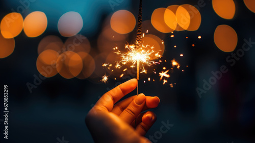 A hand holding a brightly lit sparkler at dusk, with a backdrop of warm bokeh lights from a city street.