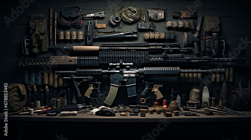 An arsenal of weapons, arranged in a strategic and organized manner. photo