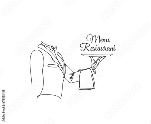 Continuous one line drawing of Waiter holding holding dish with Restaurant menu. Menu food design. Illustration with quote template. Can used for menu restaurant sketch