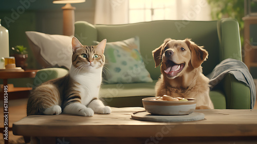 Playful interaction between dogs and cats in a cozy home environment.
