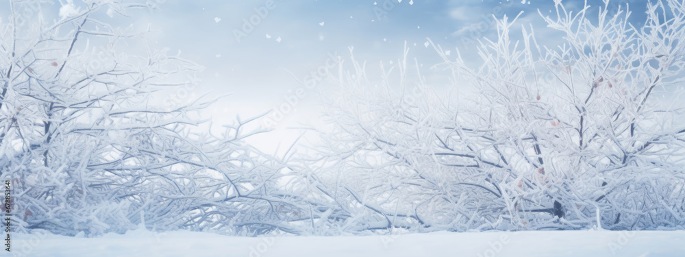 A panoramic winter scene with snow-covered tree branches against a soft, hazy background, conveying the quiet and serene atmosphere of a snowy landscape. A panoramic winter scene with snow-covered tree branches against a soft, hazy background, conveying the quiet and serene atmosphere of a snowy landscape.